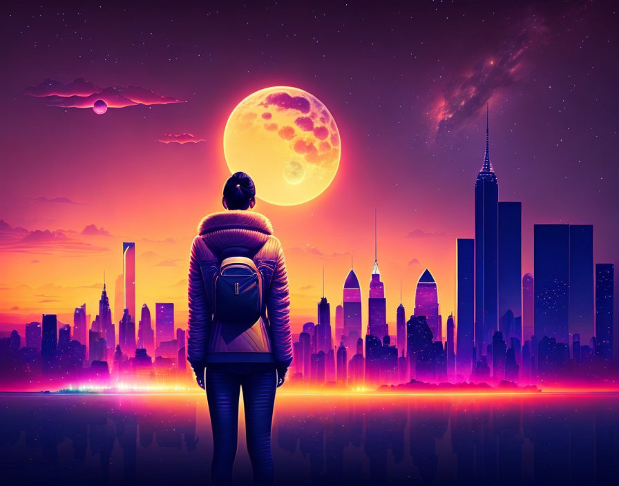 Person standing before vibrant city skyline under large moon with neon reflections and starry sky.