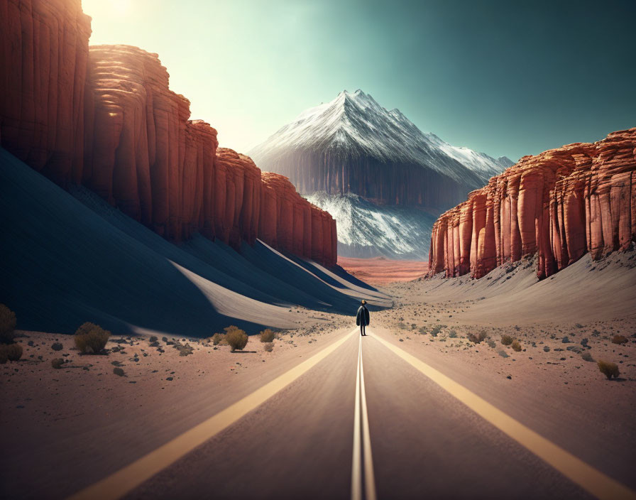 Solitary figure in desert road with red cliffs and snow-capped mountain