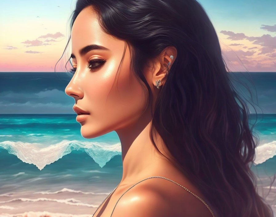 Dark-haired woman gazing at serene ocean sunset