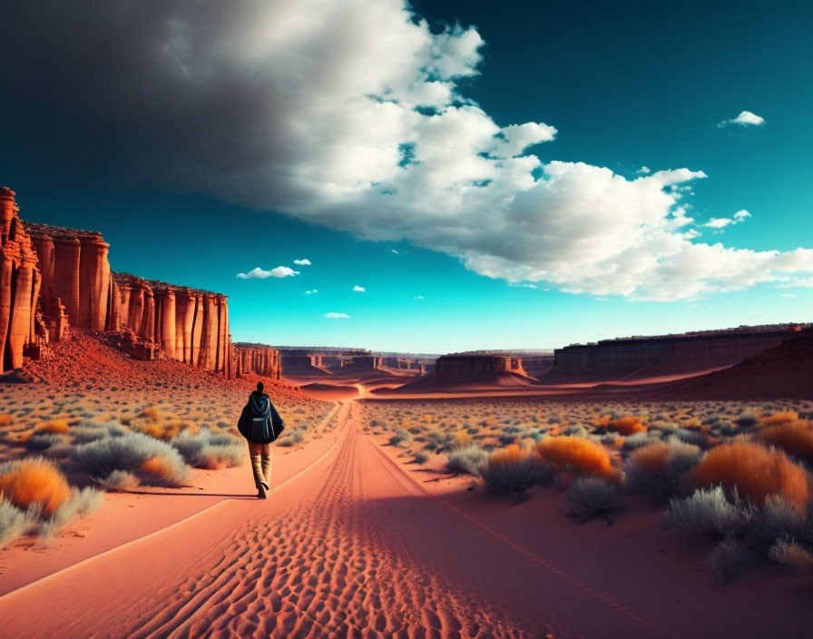 Solitary figure on sandy desert path between red cliffs under blue sky