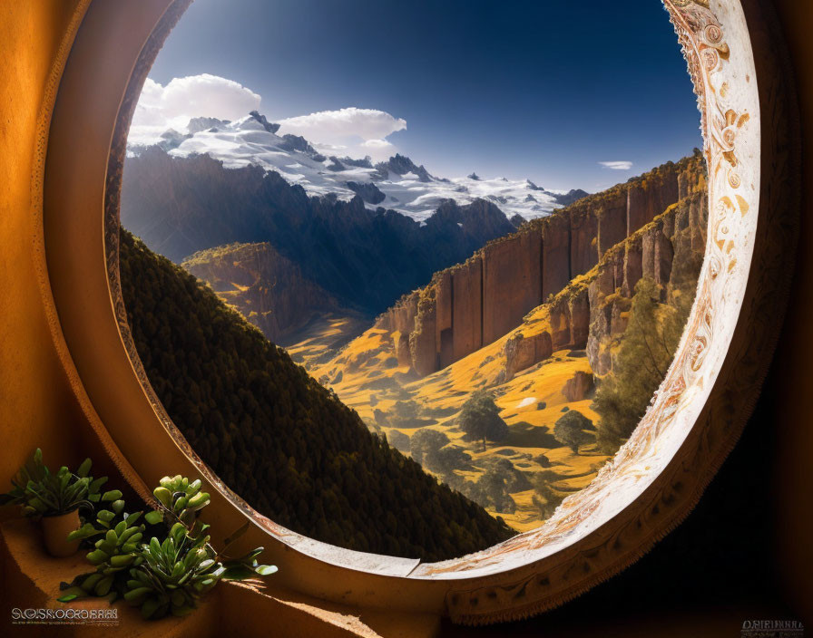 Circular window showcasing mountain landscape and ornate details