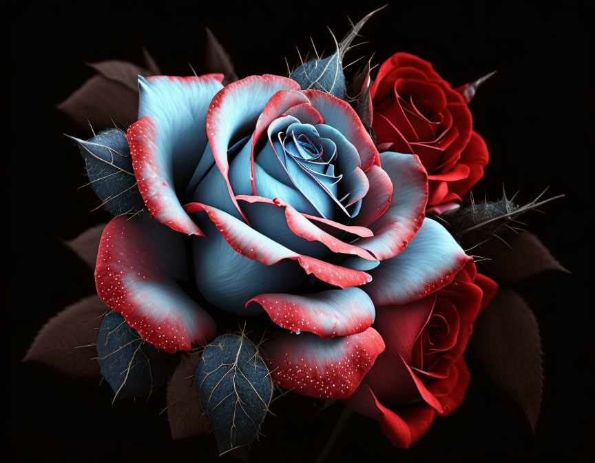 Digitally altered image: Blue and red rose among smaller red roses with dewdrops on black background