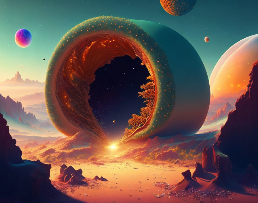 Colorful alien landscape with ringed planet, celestial bodies, and bright light source.