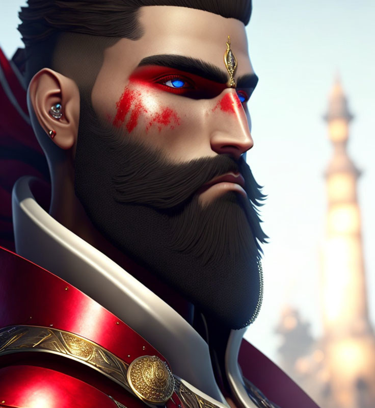 Male character with black beard, red warrior markings, diadem, and regal armor against architectural backdrop