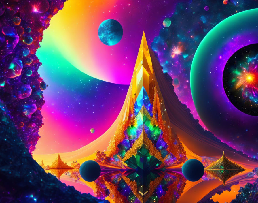 Colorful cosmic illustration: pyramid, planets, neon landscapes, fractals, starry sky