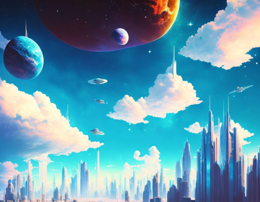 Futuristic sci-fi cityscape with multiple planets and flying saucers