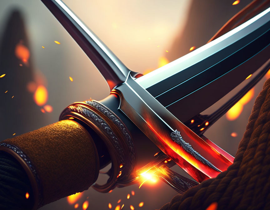 Detailed katana hilt and blade with sparking background