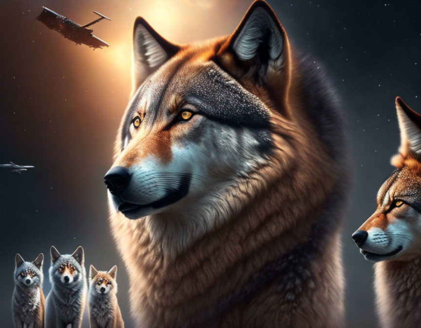 Detailed Wolf Portrait with Serene Expression and Space Elements