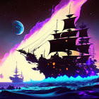 Digital artwork: Ships sailing on glowing waves in a cosmic seascape