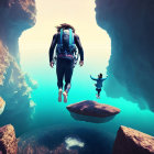 Backpacker base jumps into canyon with river and rock formations