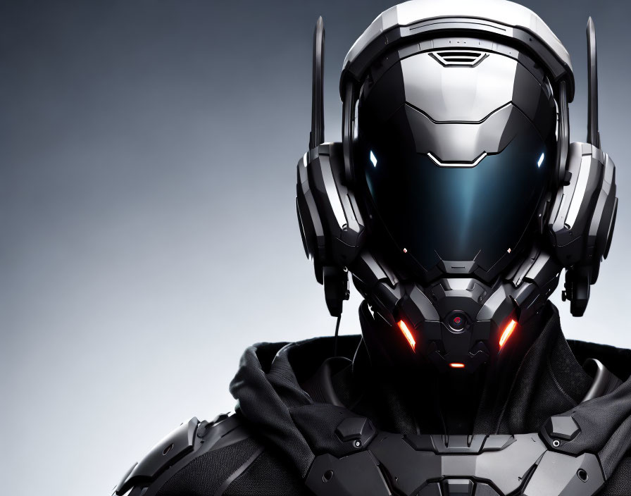 Futuristic helmet with glowing eyes and mechanical details on grey background