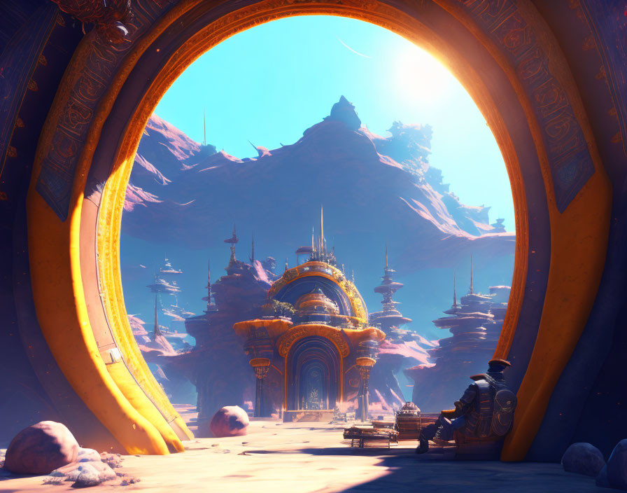 Fantasy landscape featuring golden archways and mystical mountain city.