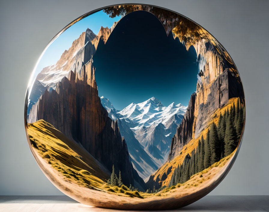 Circular mirror showcasing snowy mountain landscape with golden meadows and evergreen forests under blue sky