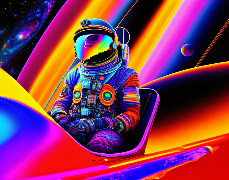 Colorful astronaut in vibrant spacesuit against swirling neon backdrop