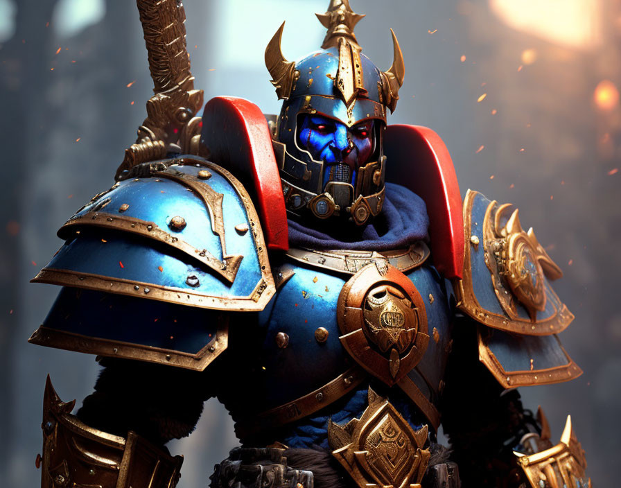 Detailed medieval knight illustration in blue and gold armor with glowing visor, horned helmet, and red