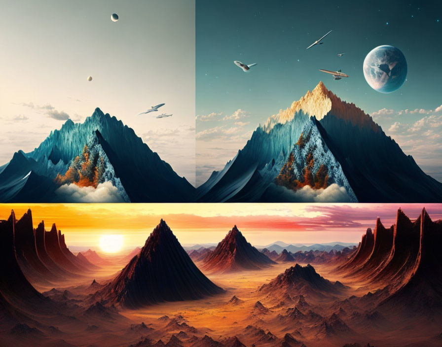 Surreal composite image of landscapes with mountains, skies, planets, spaceships & day-night transitions