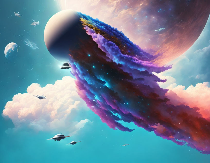 Colorful cosmic scene with spaceships, planet, clouds, and celestial bodies