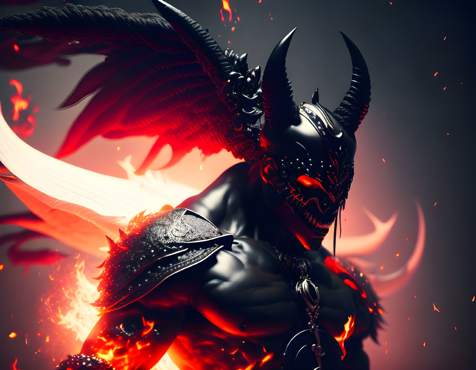 Dark Fantasy Artwork: Demon with Horns, Wings, and Glowing Eyes