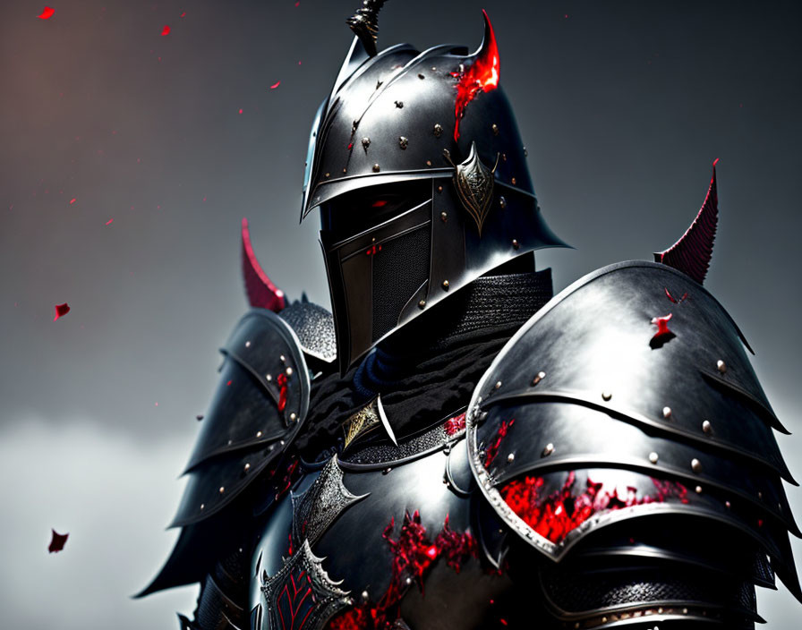 Knight in black armor with red accents under cloudy sky