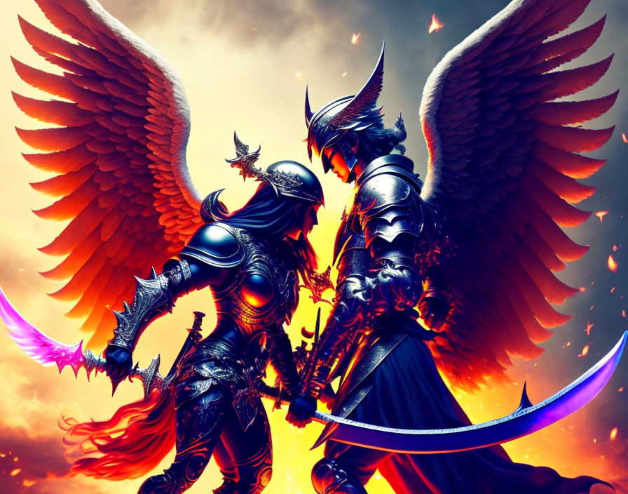 Armored fantasy characters with wings and glowing weapons in fiery sky scene