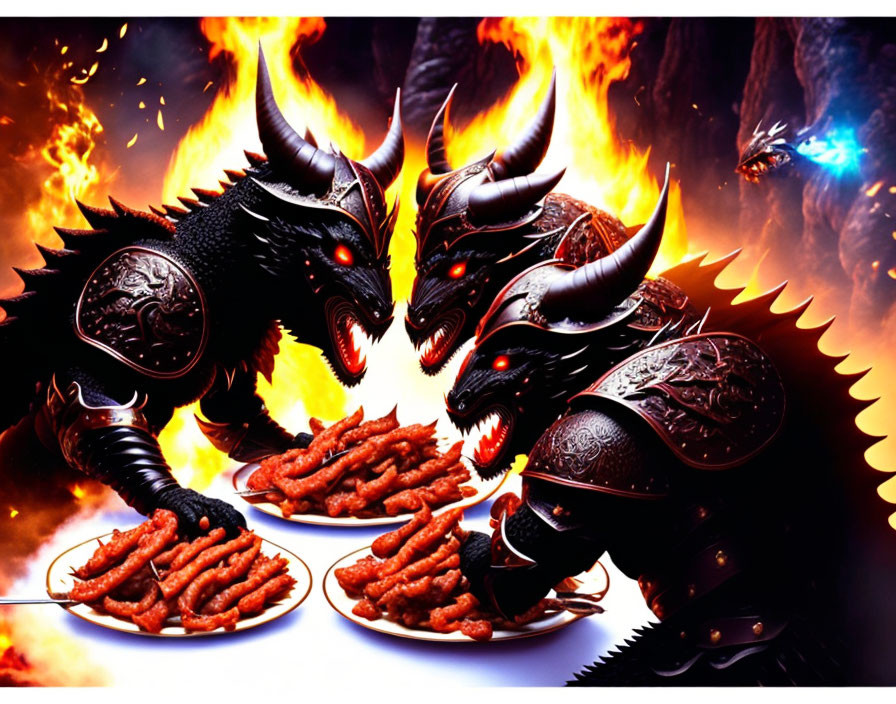 Three Black Dragons Surrounded by Flames Feasting on Hot Sausages