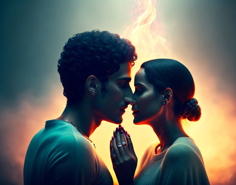 Intense visual of two individuals in close proximity with fiery effect between foreheads