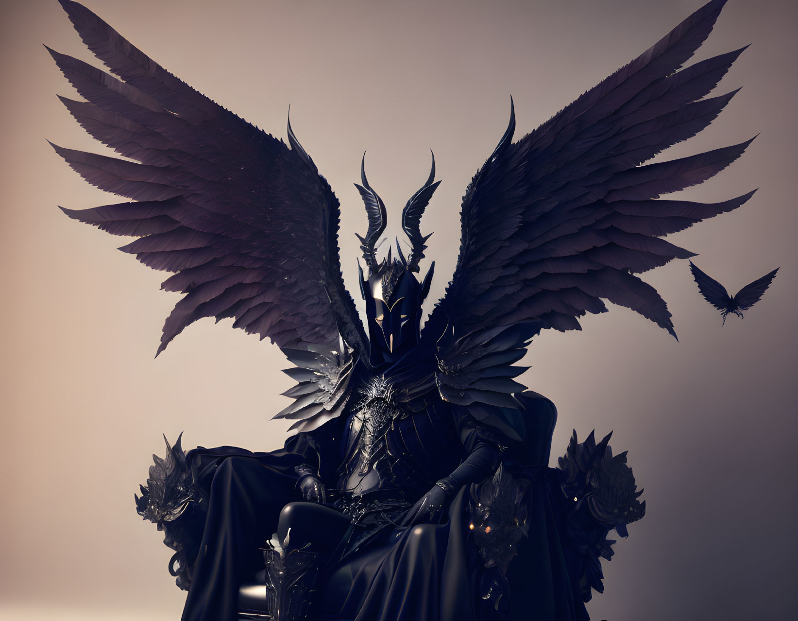 Dark-armored figure with intricate wings and bird in flight against soft-lit backdrop.