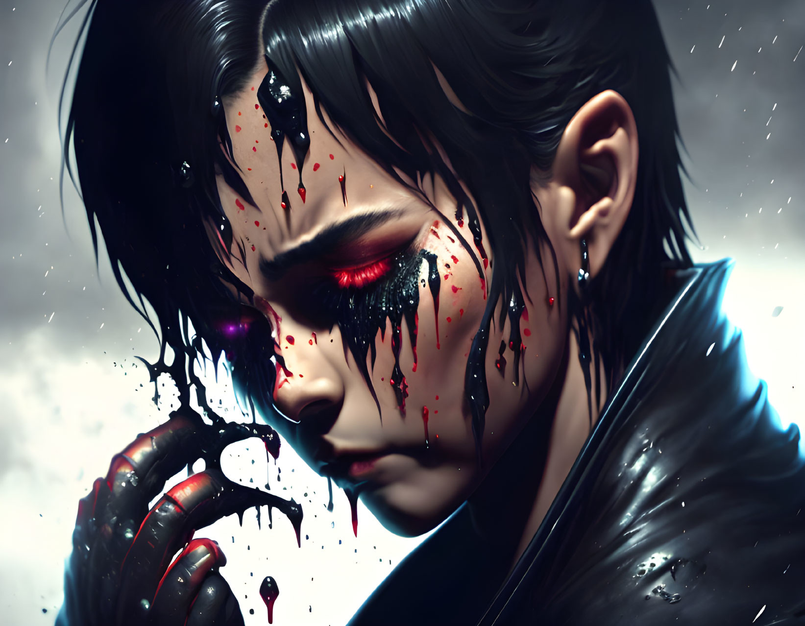 Dark and dramatic digital artwork of a woman with blood splatter, intense eyes, and rain droplets