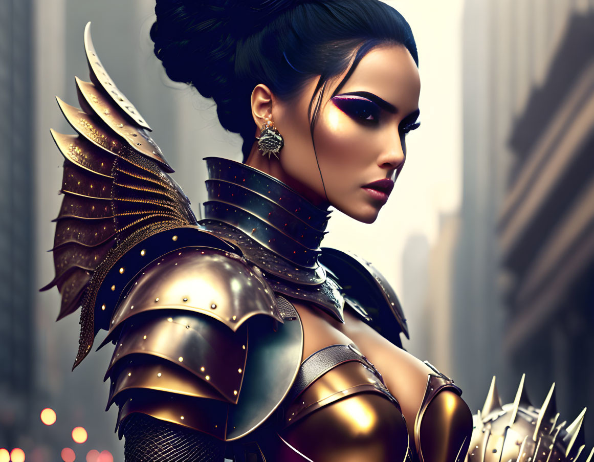 Digital Artwork: Woman in Fantasy Armor with Dramatic Makeup