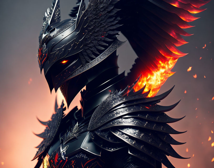 Detailed Illustration: Fantasy Creature in Black Armor with Wings and Fiery Accents