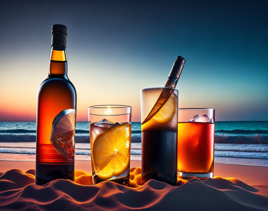 Whiskey bottles and glasses on beach at sunset