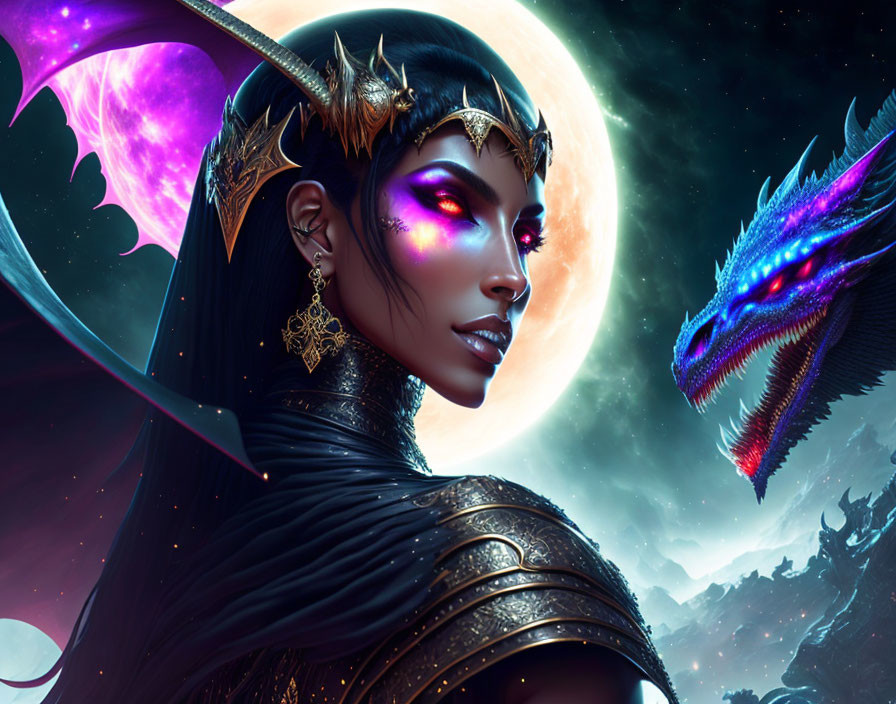 Fantasy illustration of winged woman in black armor with dragon under moonlit sky