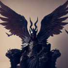 Dark-armored figure with intricate wings and bird in flight against soft-lit backdrop.