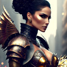 Digital Artwork: Woman in Fantasy Armor with Dramatic Makeup