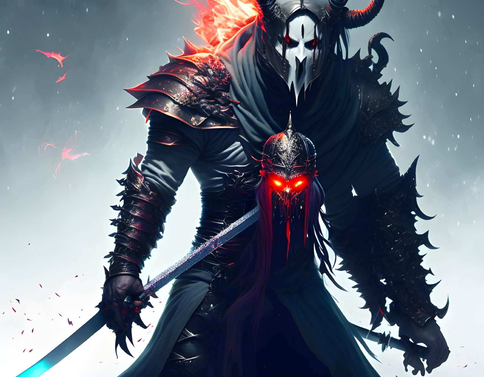 Armored figure with glowing red eyes and sword in stormy backdrop