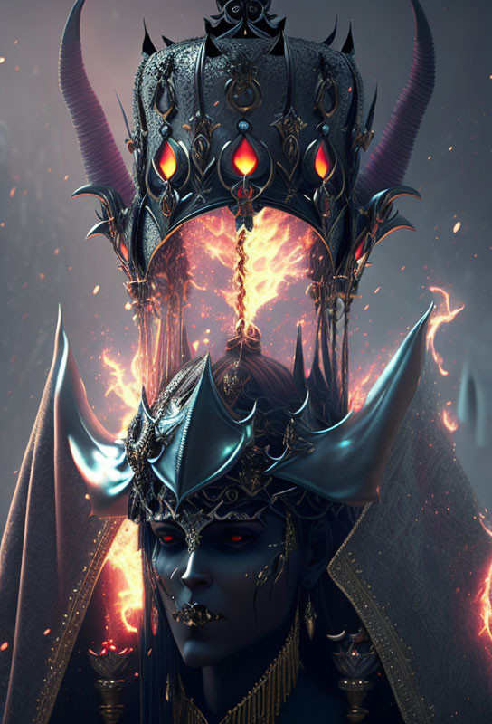 Blue-skinned fantasy figure in dark crown and armor with red jewels and gold details amidst swirling fire and