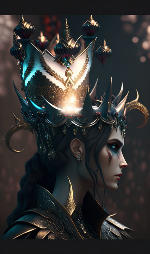 Dark-haired fantasy figure in spiked crown with luminous gems