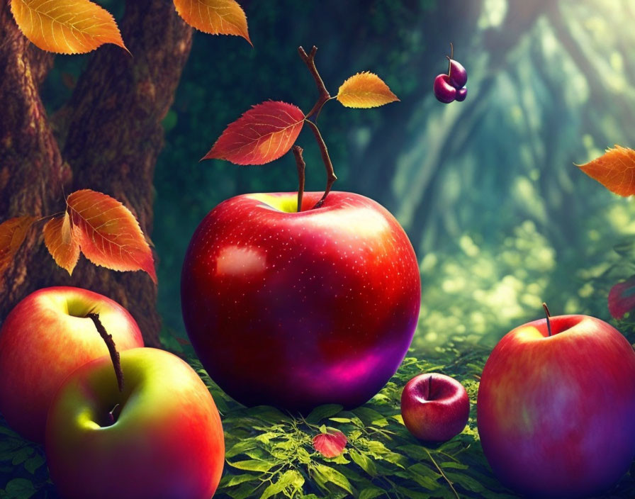 Assorted glossy apples on forest floor with sunlight filtering through foliage