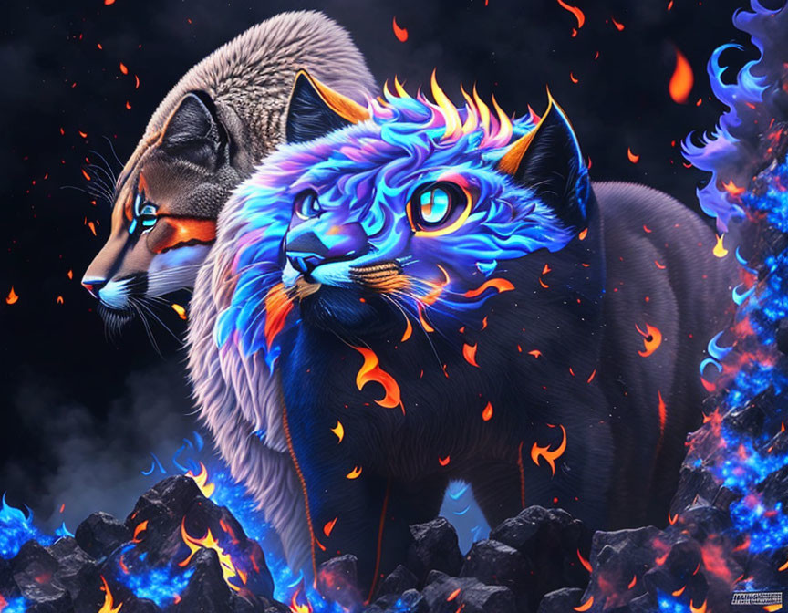 Realistic lioness digital art with colorful mane and flames on dark background