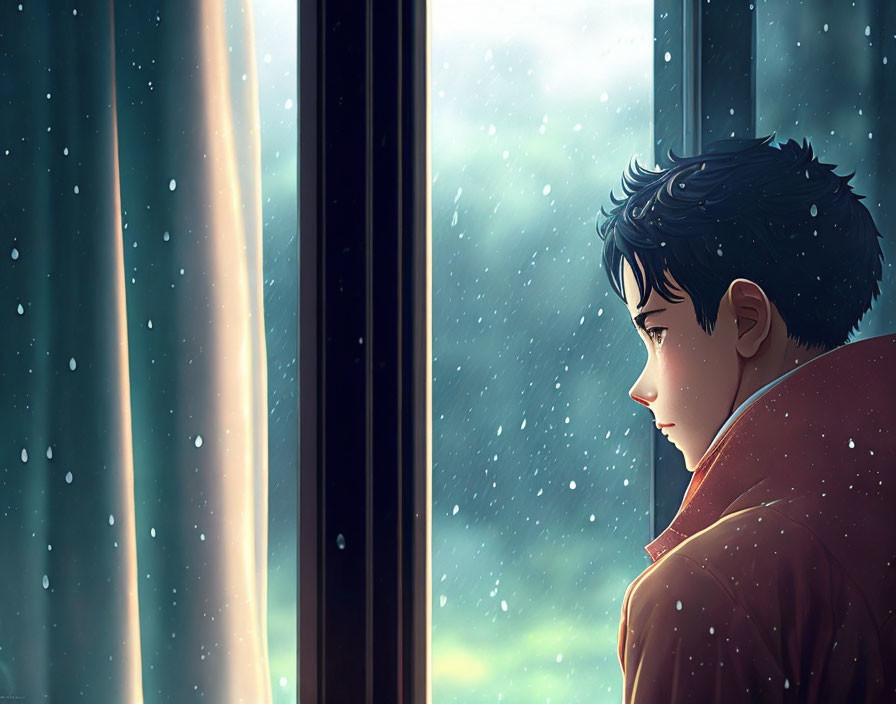 Young boy profile animated image gazing at falling snow