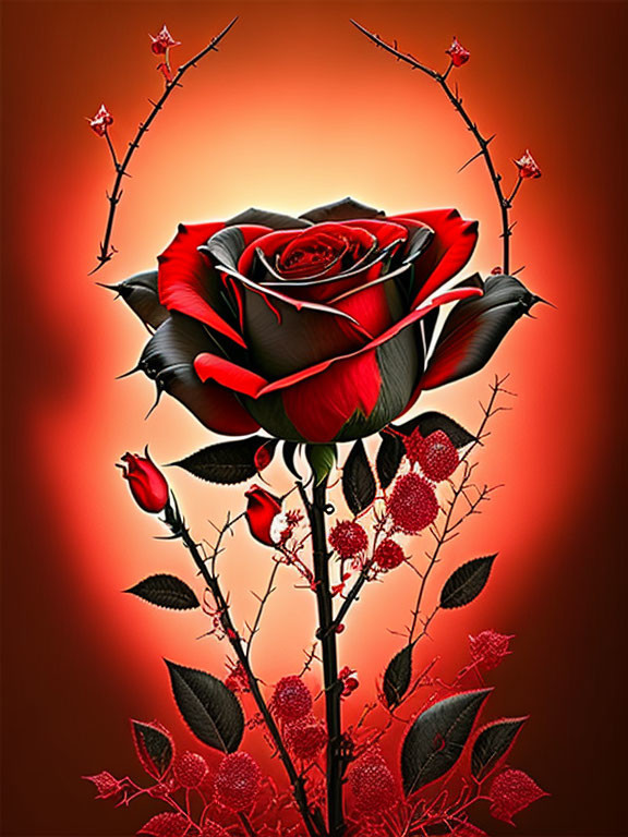 Digital artwork: Red and black rose with thorny stems on orange backdrop