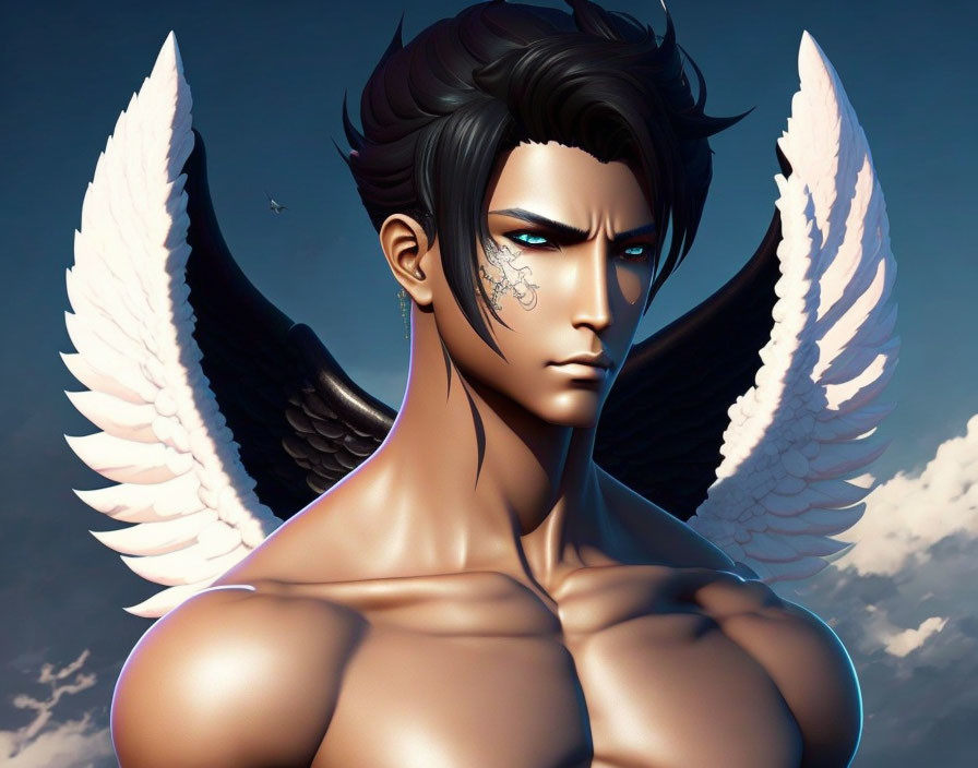 Muscular Male Figure with Angel Wings in Stern Expression on Cloudy Sky Background