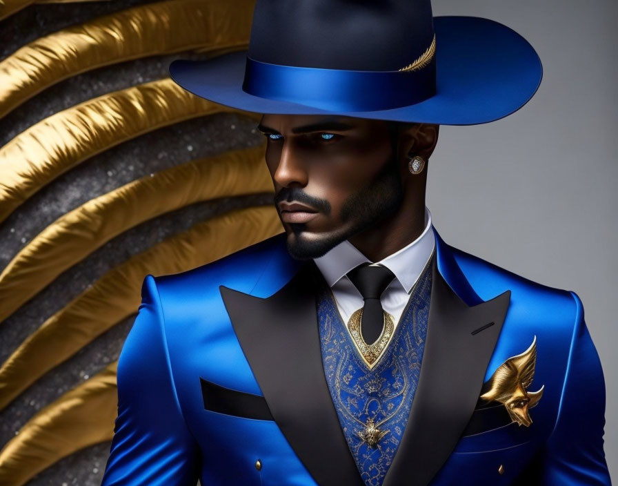 Man in Blue Suit with Beard and Wide-brimmed Hat Illustration