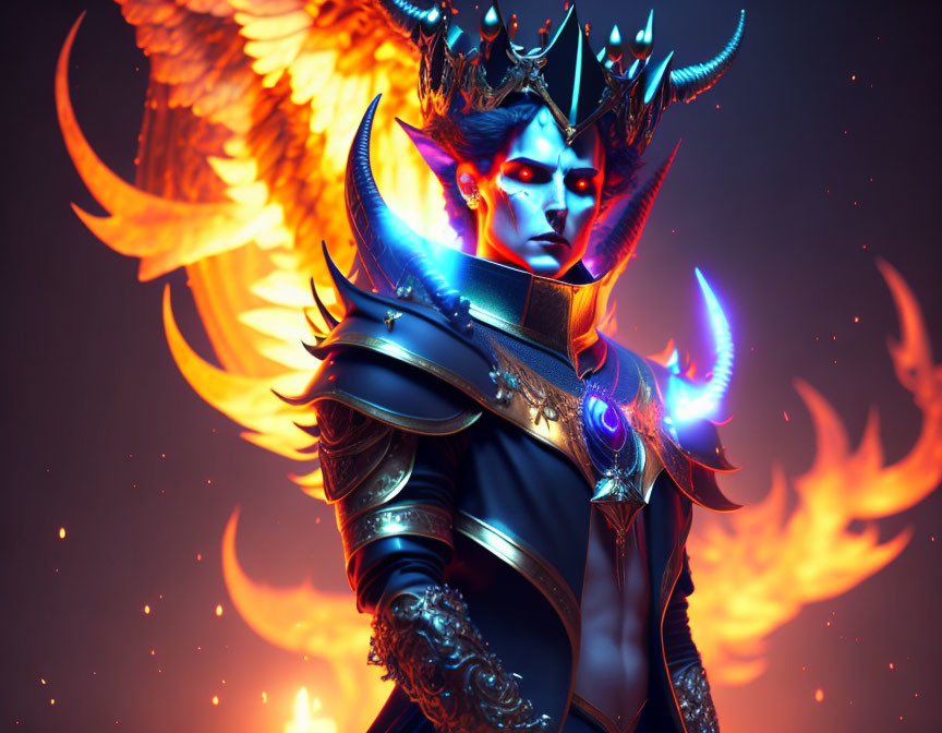 Glowing blue-skinned character with dark crown and fiery wings