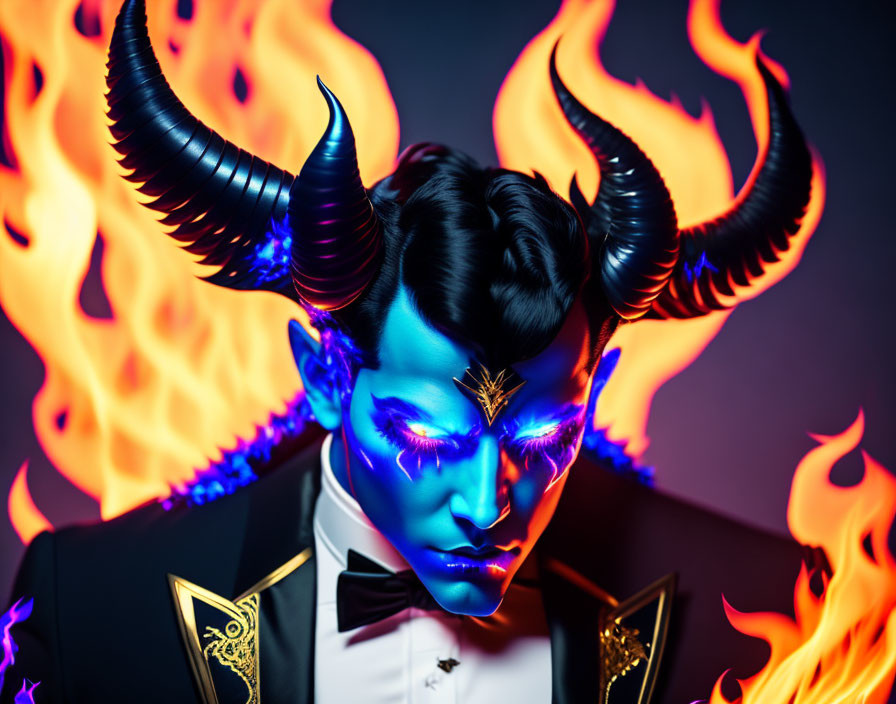 Blue-skinned person in suit with horns, flames backdrop.