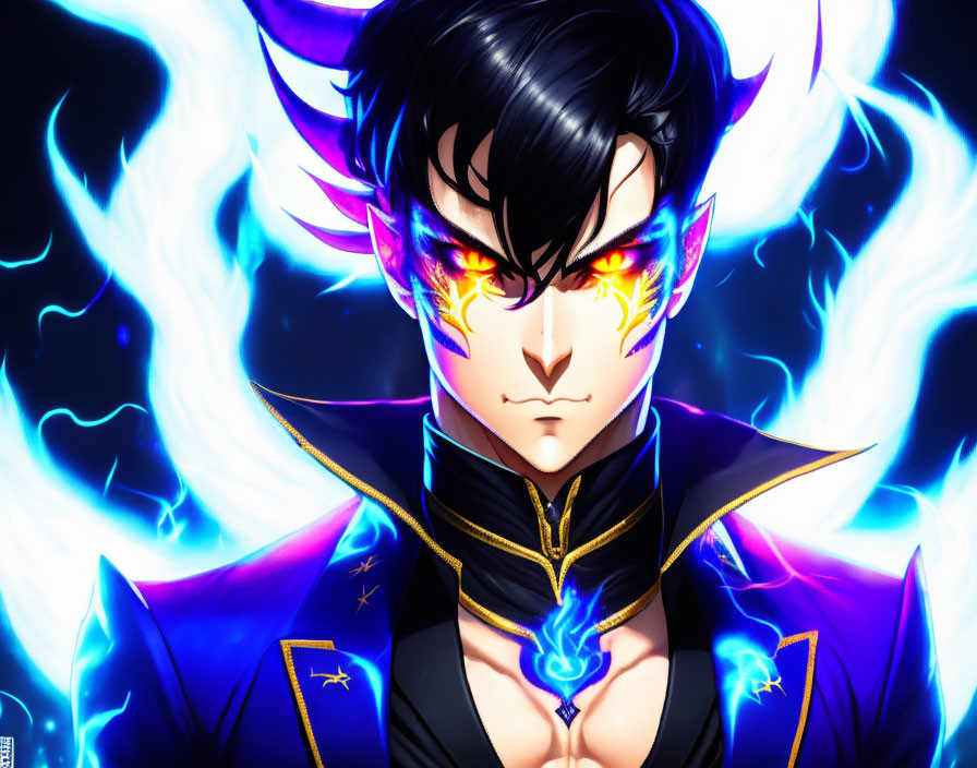 Male character with black hair and fiery eyes in blue outfit surrounded by blue flames