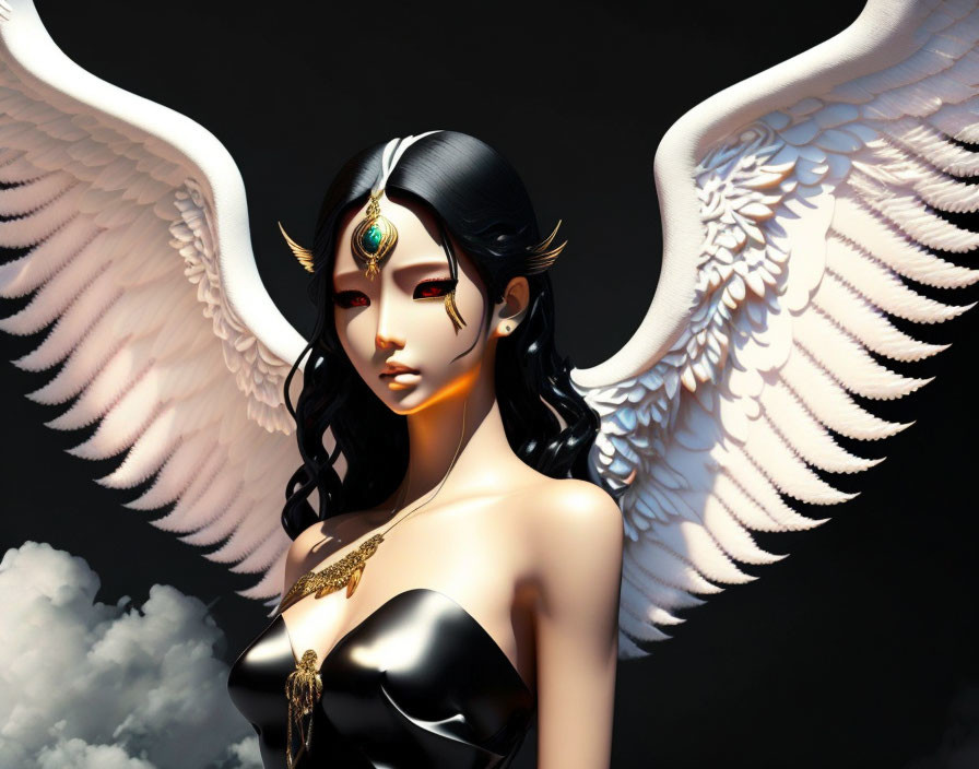 Female Figure with White Wings, Dark Hair, and Golden Jewelry on Cloudy Background