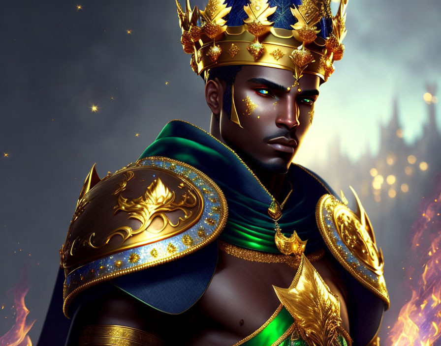 Dark-skinned figure in golden crown and armor with glowing aura and floating embers.