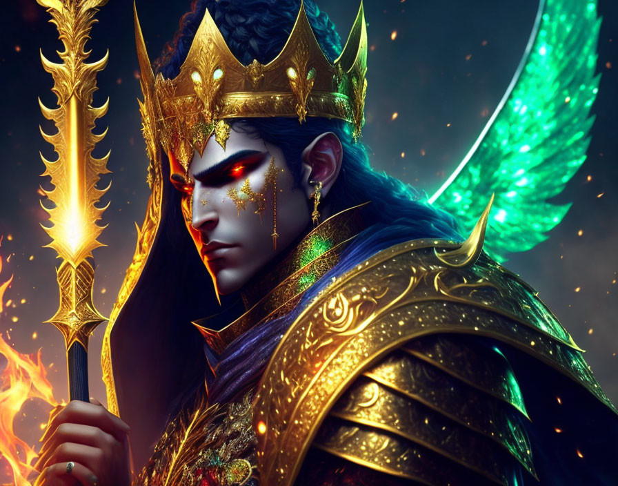 Fantasy king with golden armor, crown, glowing staff, blue wings, fiery backdrop