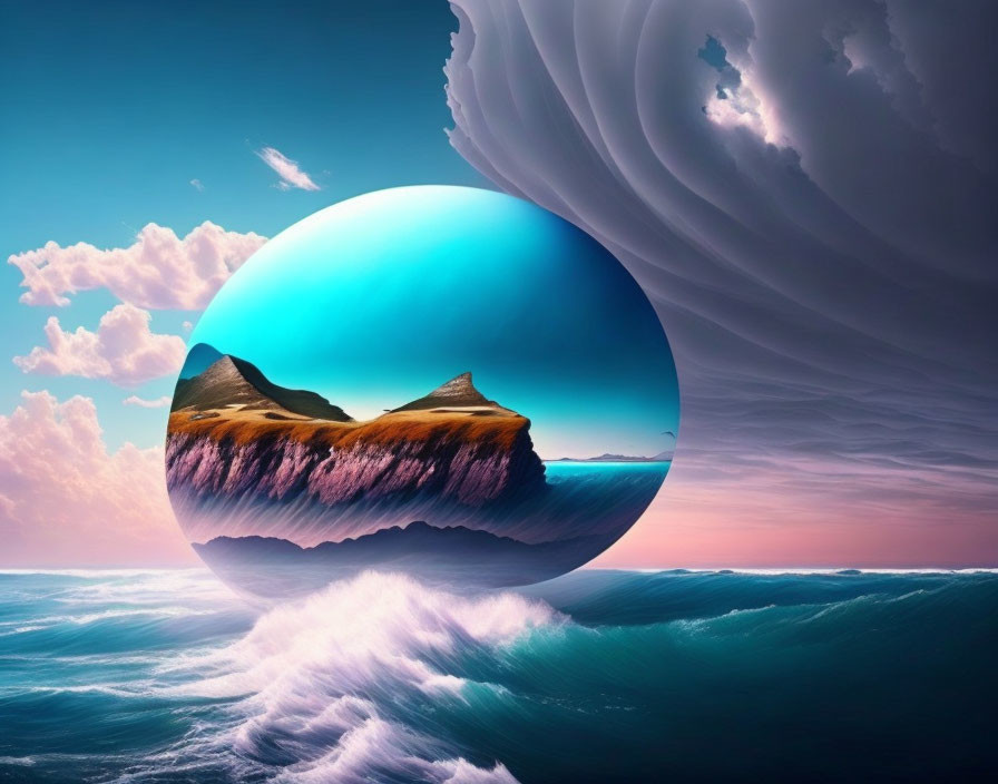 Surreal landscape with circular portal and floating island above stormy sea